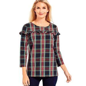 Talbots Womens Stewart Plaid Poplin Ruffle Top‎ Petite SP Holidays NWT $90